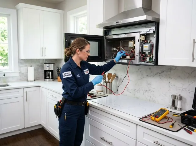 Appliance Repair Hero technician testing an over-the-range microwave in a Bel Air, MD kitchen