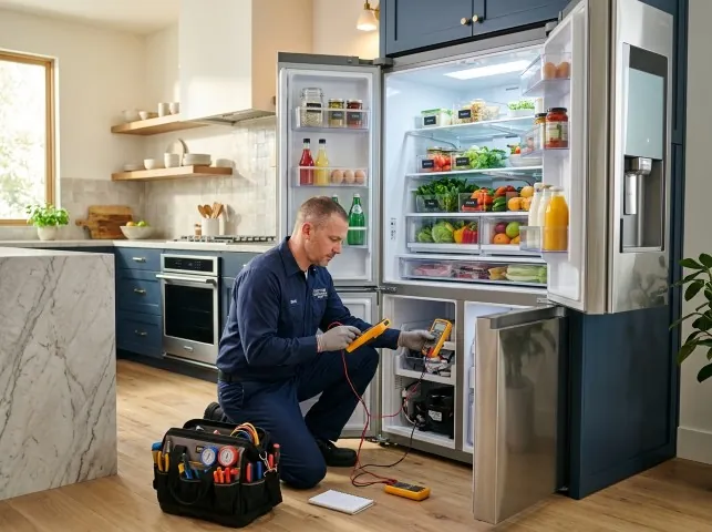 Appliance Repair Hero refrigerator technician testing a fridge on a Bel Air, MD service call
