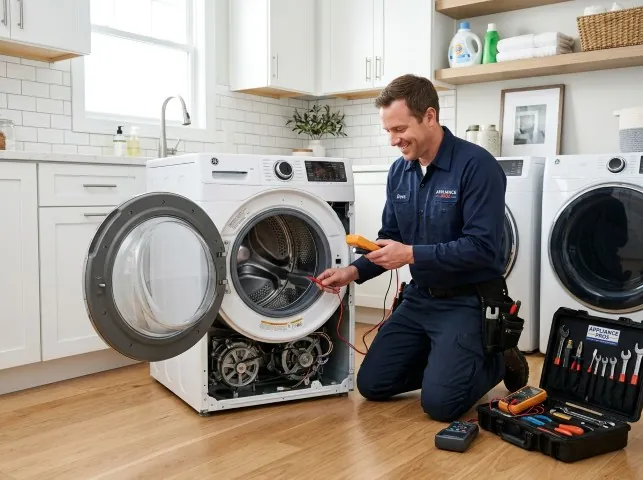 Appliance Repair Hero technician testing a front-load washer with a multimeter on a Bel Air, MD service call